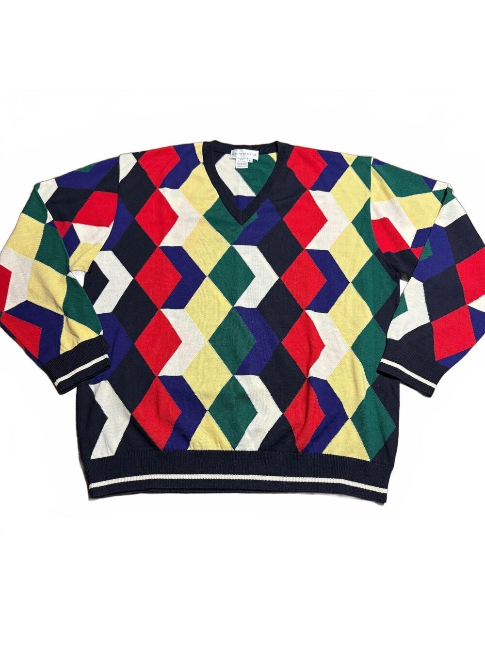 Saks Fifth Avenue Men Geometric Merino Wool Sweater XL Made Italy V Neck Vintage